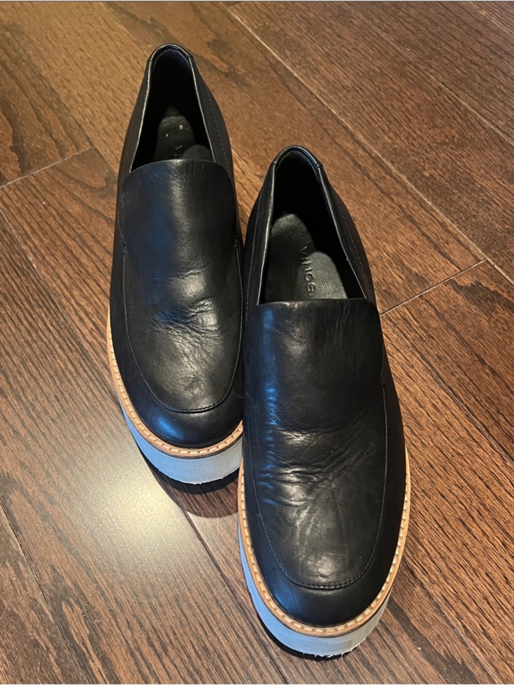 Vince Black Leather Slip-On Loafers with Tan Contrast Welt GENTLY USED